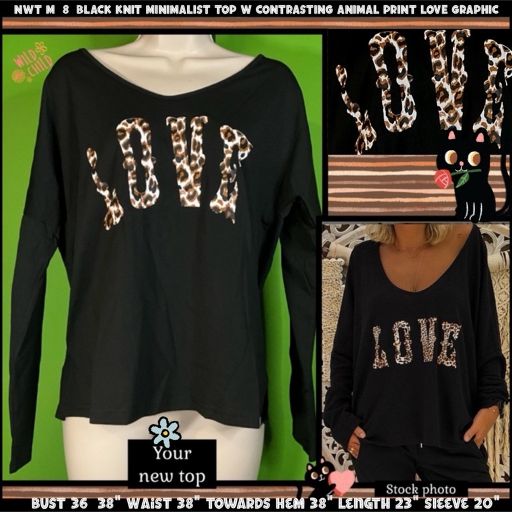 Black Long Sleeve Top with Animal Print LOVE Graphic